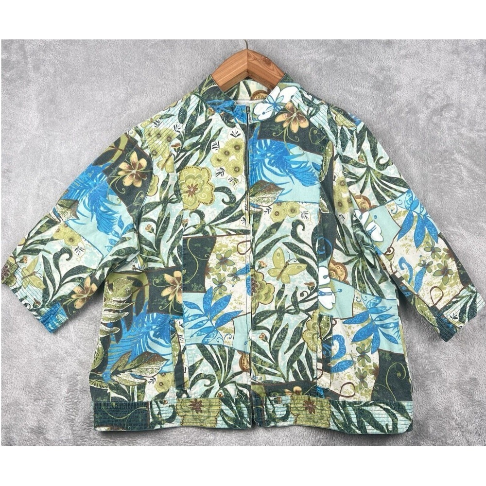 CJ Banks Full Zip Jacket Women's 2X‎ Blue Green Colorful Floral Festival VTG
